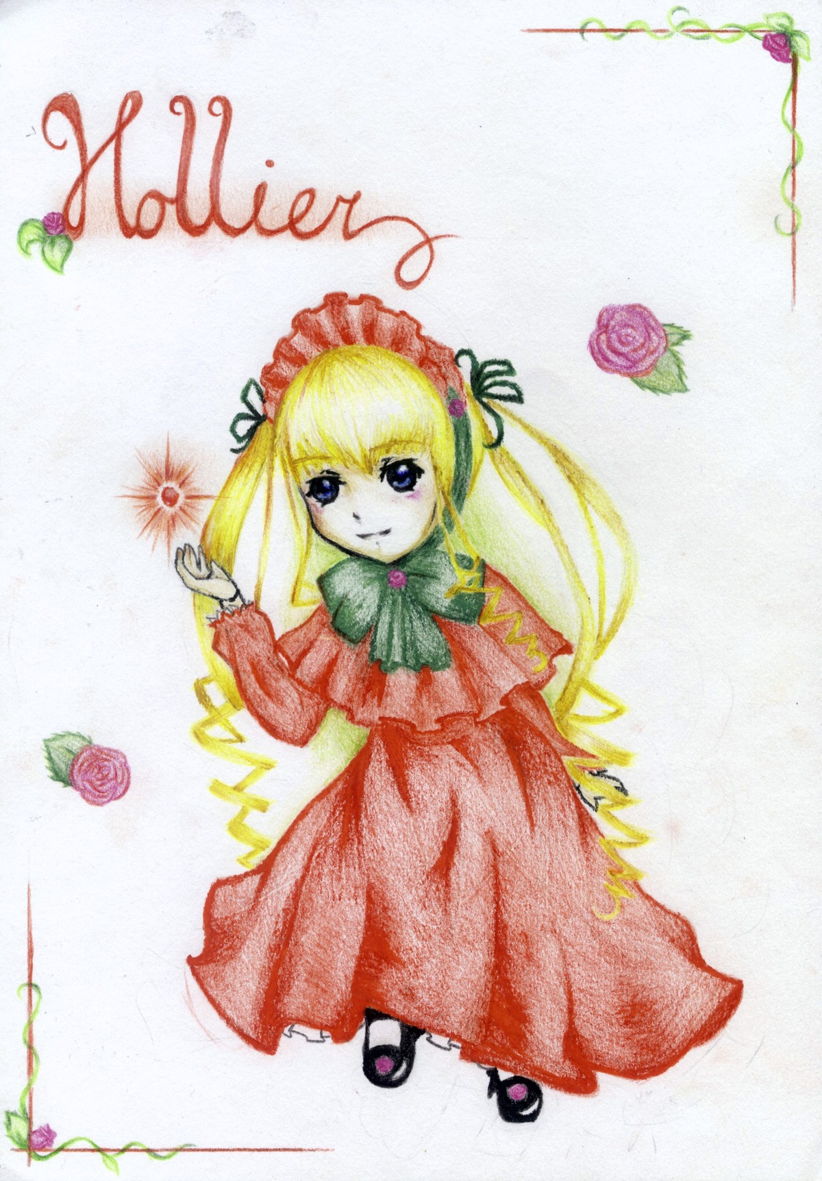 1girl blonde_hair blue_eyes bow bowtie dress flower full_body image long_hair long_sleeves looking_at_viewer pink_rose plant red_dress red_flower red_rose rose shinku shoes smile solo