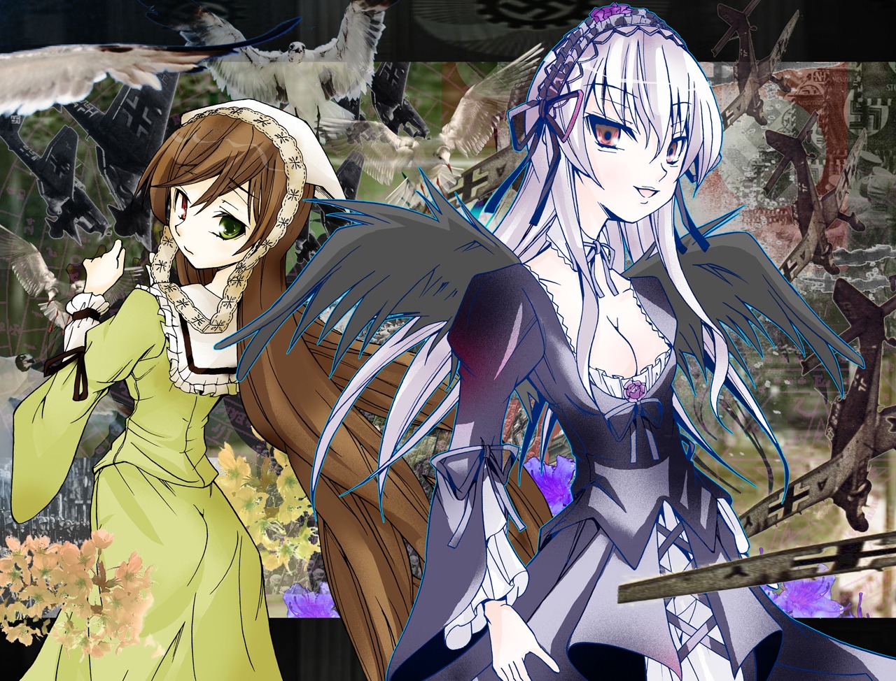 2girls breasts brown_hair cleavage dress flower frills green_eyes hairband heterochromia image lolita_hairband long_hair long_sleeves multiple_girls pair red_eyes ribbon silver_hair suigintou suiseiseki very_long_hair weapon wings