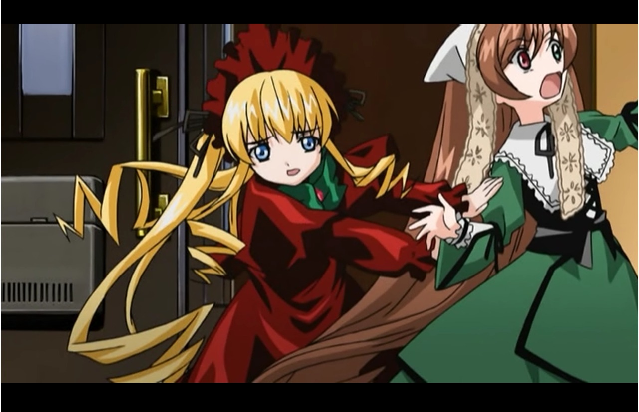 2girls blonde_hair blue_eyes bonnet dress drill_hair green_dress head_scarf image letterboxed long_hair long_sleeves multiple_girls open_mouth pair parody red_dress red_eyes shinku suiseiseki twin_drills twintails very_long_hair