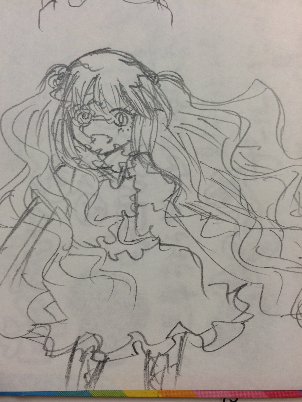 1girl crying dress image kirakishou long_hair monochrome open_mouth photo solo tears traditional_media two_side_up ultimate_madoka