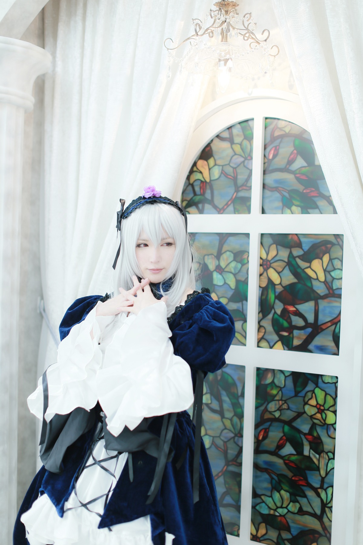 1girl closed_mouth dress frills long_sleeves looking_at_viewer photo solo stained_glass standing suigintou