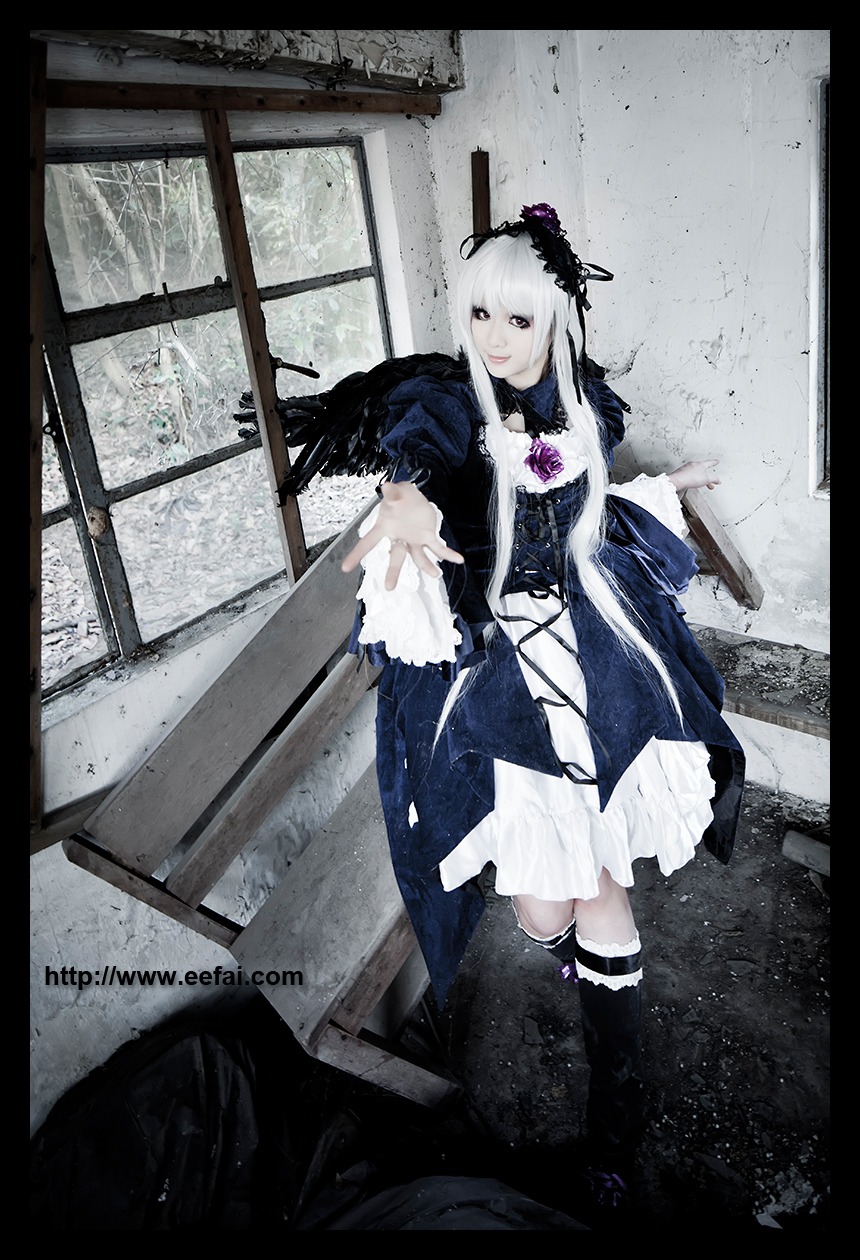 1girl black_border dress flower frills gothic_lolita letterboxed lolita_fashion long_hair long_sleeves outstretched_arm outstretched_hand pillarboxed rose solo suigintou window