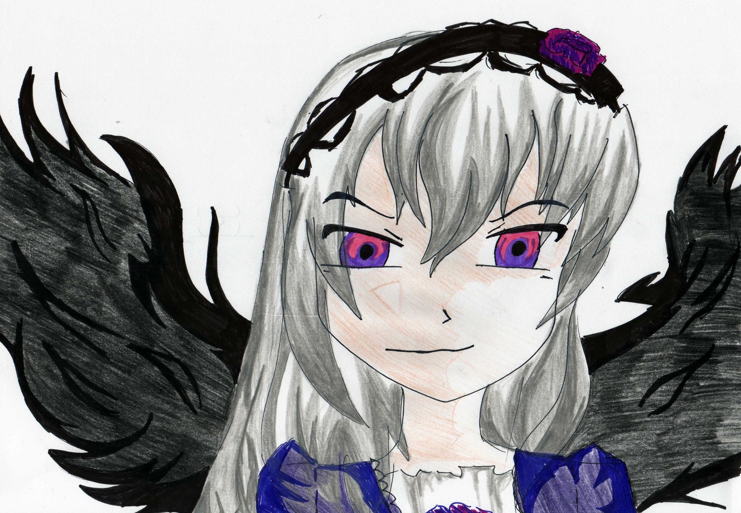 1girl auto_tagged black_wings feathered_wings feathers flower hairband image long_hair looking_at_viewer pink_eyes rose silver_hair simple_background smile solo suigintou white_background wings