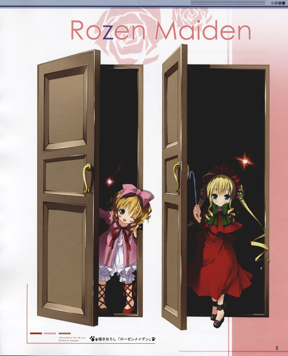 2girls absurdres artbook bangs blonde_hair bow comiket_72 door dress gun hair_bow highres hina_ichigo hinaichigo image kantoku kantoku_collection long_sleeves looking_at_viewer multiple_girls one_eye_closed open_mouth pair pink_bow rozen_maiden scan shinku smile tachiyomi_senyou