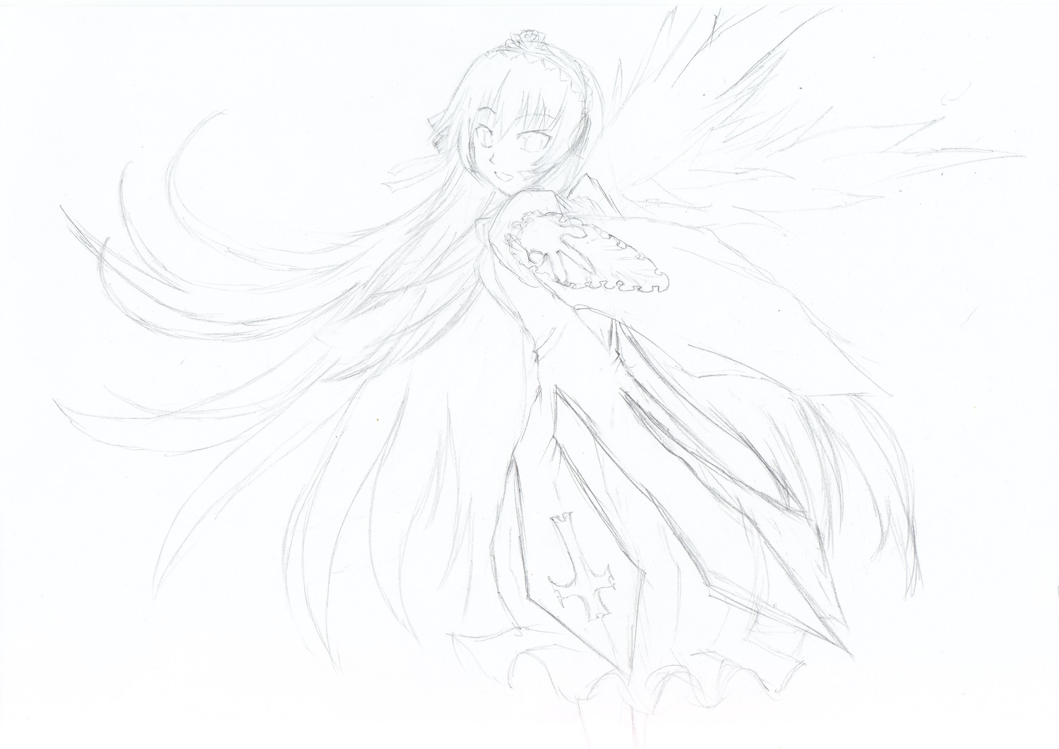1girl dress feathered_wings image long_dress long_hair looking_at_viewer monochrome smile solo suigintou very_long_hair wings