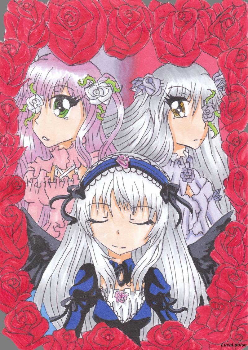 3girls barasuishou blue_flower blue_rose closed_eyes flower green_eyes hairband hat image kirakishou lolita_fashion long_hair multiple multiple_girls orange_flower pink_rose purple_flower purple_rose red_flower red_rose rose rose_petals silver_hair suigintou tagme thorns