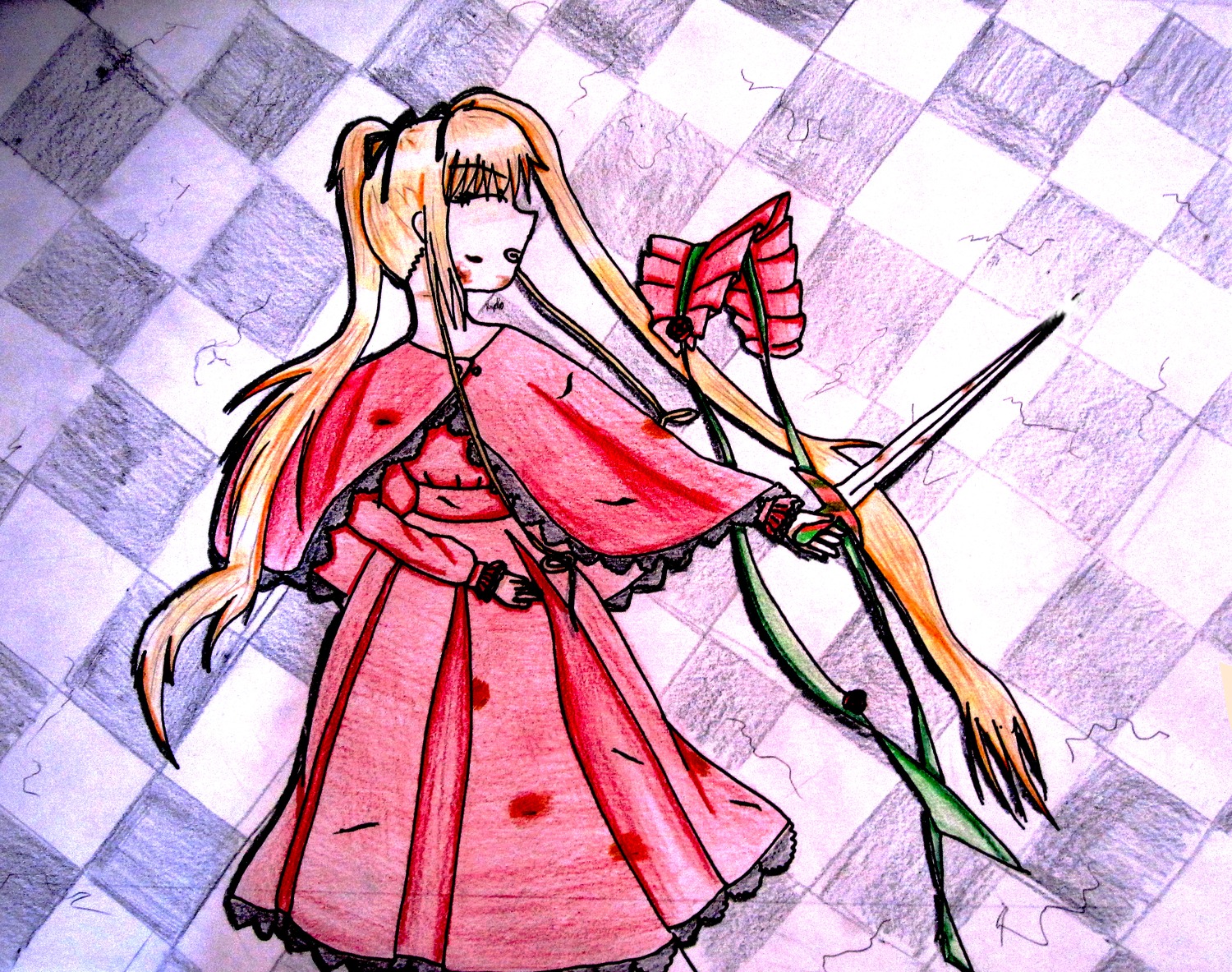 1girl argyle argyle_background argyle_legwear bathroom bathtub black_rock_shooter_(character) blonde_hair board_game checkered checkered_background checkered_floor checkered_kimono checkered_skirt chess_piece colorful dress floor honeycomb_(pattern) honeycomb_background image knight_(chess) long_hair mirror on_floor perspective plaid_background shinku solo tile_floor tile_wall tiles twintails vanishing_point