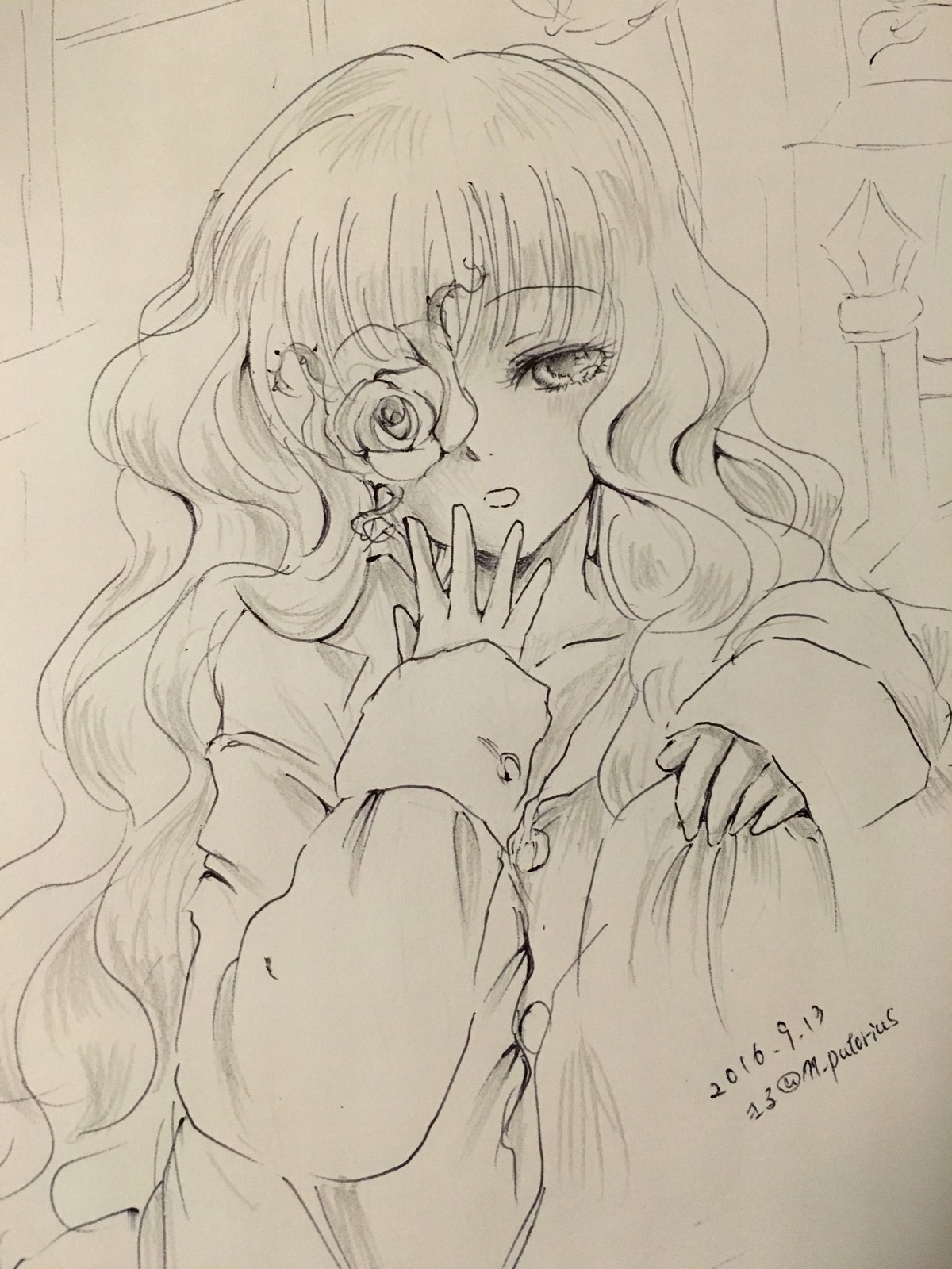 1girl bangs blush curtains dated eyebrows_visible_through_hair flower greyscale image kirakishou long_hair long_sleeves looking_at_viewer monochrome photo solo traditional_media upper_body wavy_hair