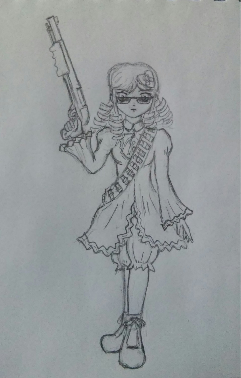 1girl boots dress drill_hair full_body glasses greyscale gun hair_ornament image kanaria monochrome photo ringlets solo standing traditional_media weapon