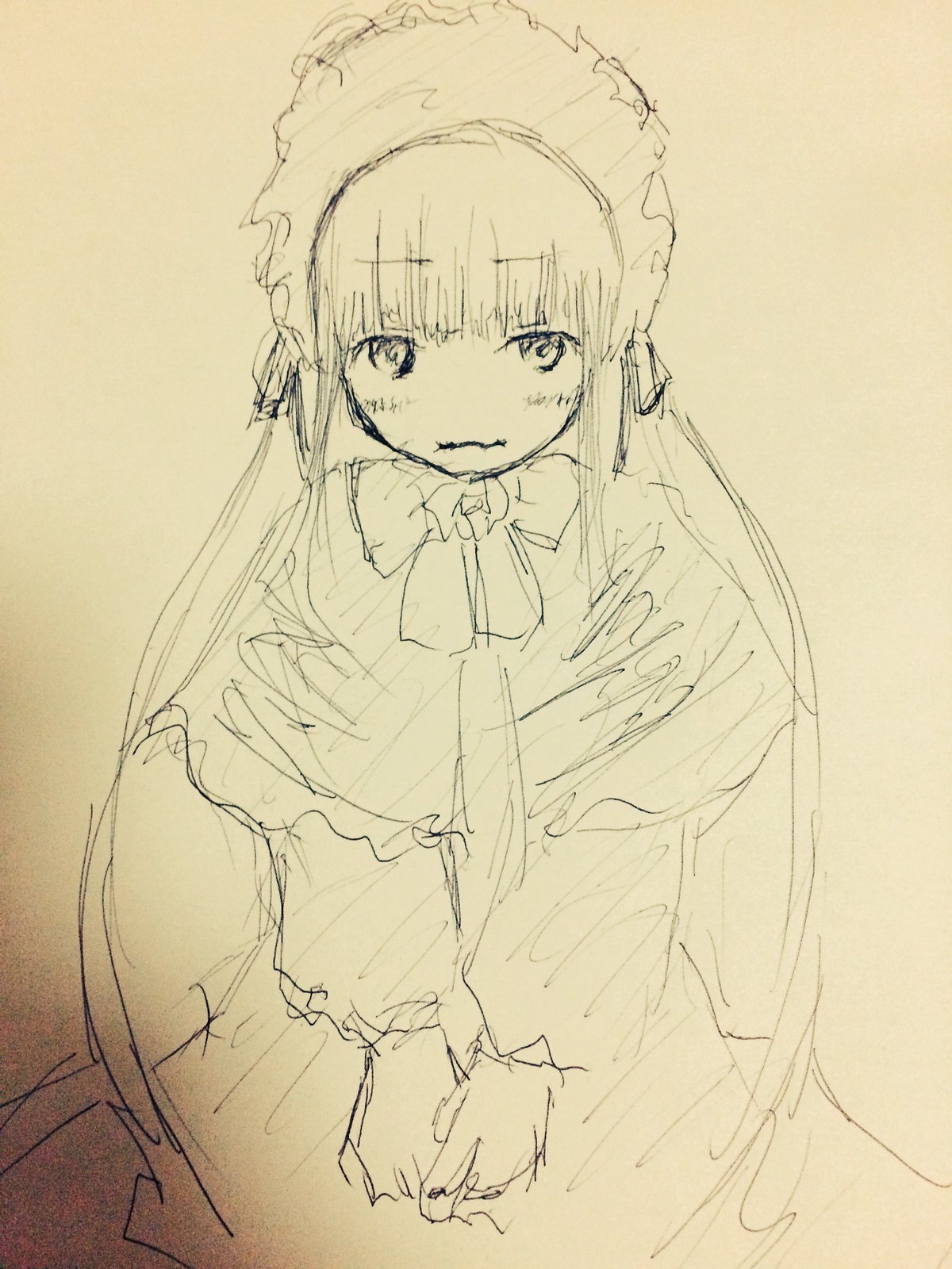 1girl bow bowtie closed_mouth dress eyebrows_visible_through_hair image long_hair long_sleeves looking_at_viewer monochrome shinku sketch solo traditional_media