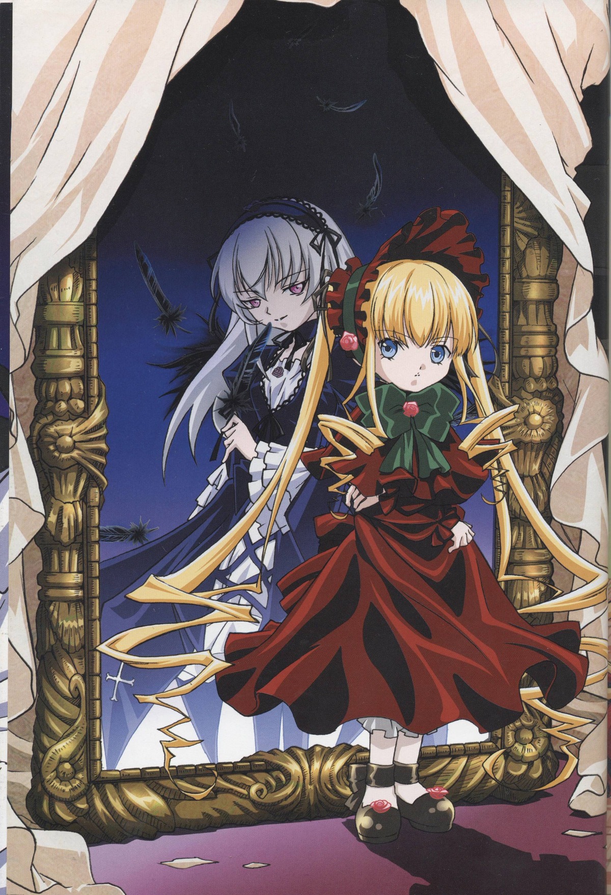 2girls black_footwear blonde_hair blue_eyes bow curtains dress flower green_bow image long_hair long_sleeves looking_at_viewer multiple_girls pair red_dress shinku shoes standing suigintou twintails very_long_hair wings