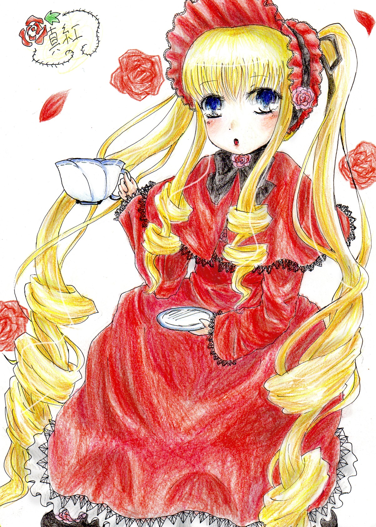 1girl blonde_hair blue_eyes blush bonnet bow bowtie cup dress drill_hair flower image long_hair long_sleeves looking_at_viewer marker_(medium) red_dress ringlets rose saucer shinku solo teacup teapot traditional_media twin_drills twintails very_long_hair