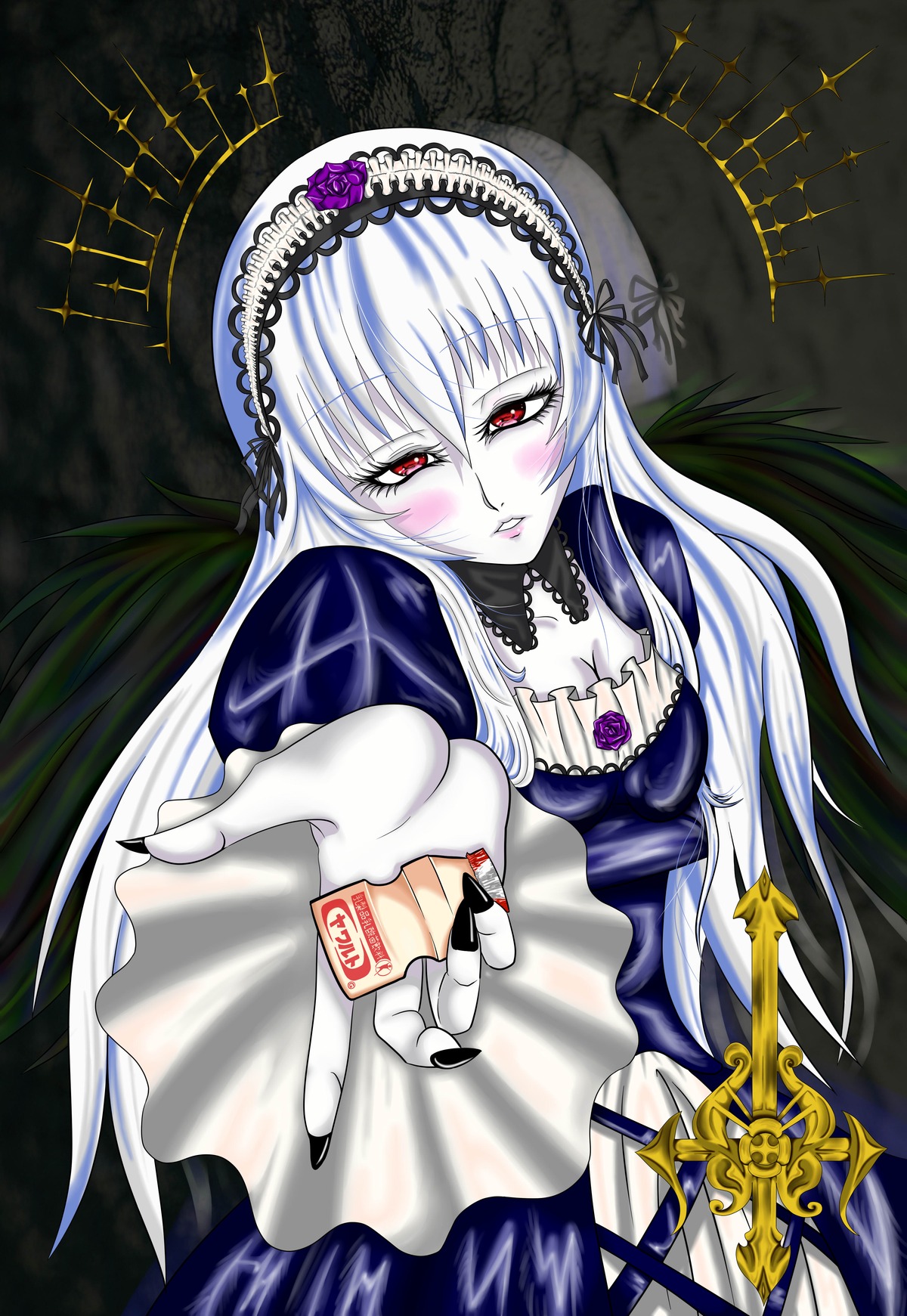 1girl breasts cleavage cross dress fingernails flower frills hairband image long_hair long_sleeves looking_at_viewer medium_breasts nail_polish pale_skin puffy_sleeves red_eyes silver_hair solo suigintou very_long_hair wings