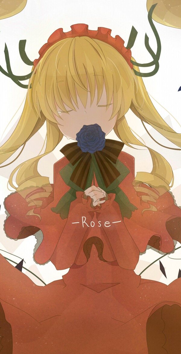 1girl blonde_hair blue_flower blue_rose closed_eyes dress flower image long_hair ribbon rose shinku solo