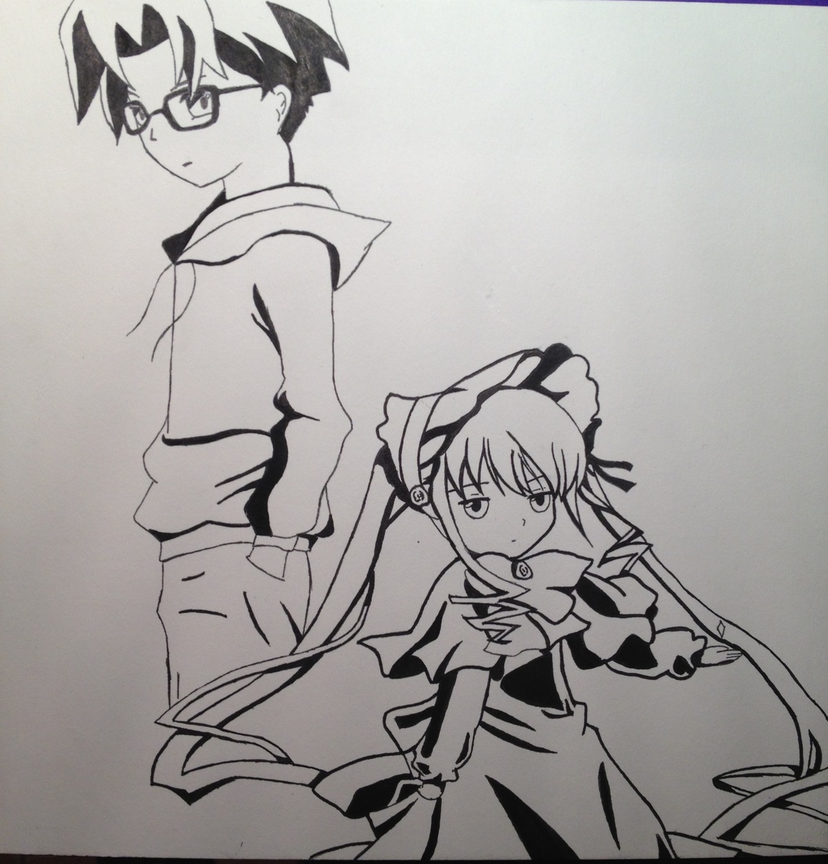 1boy 1girl dress glasses greyscale image long_hair long_sleeves looking_at_viewer monochrome shinku solo twintails very_long_hair