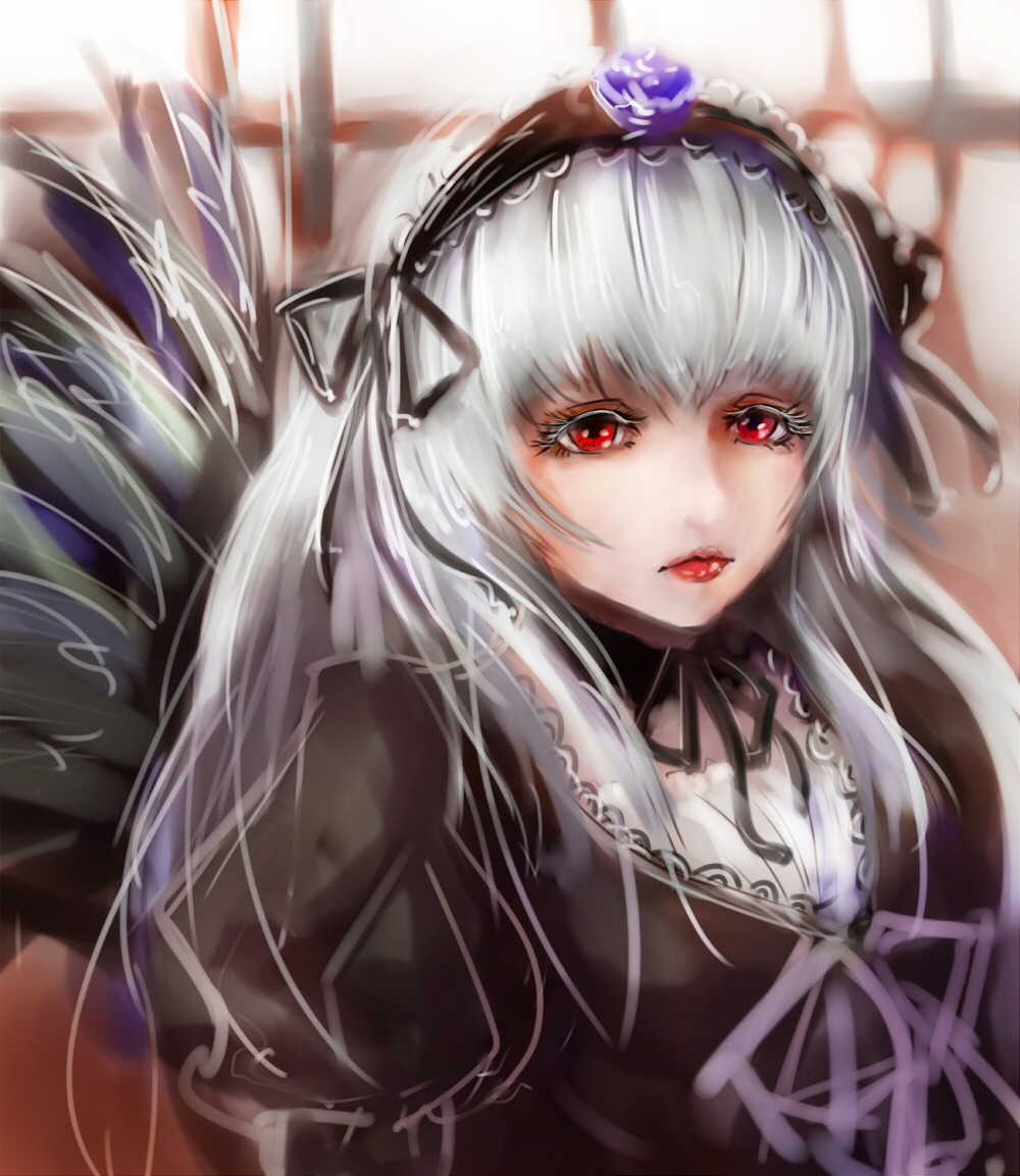 1girl black_ribbon dress flower frills hairband image long_hair long_sleeves looking_at_viewer red_eyes ribbon rose silver_hair solo suigintou