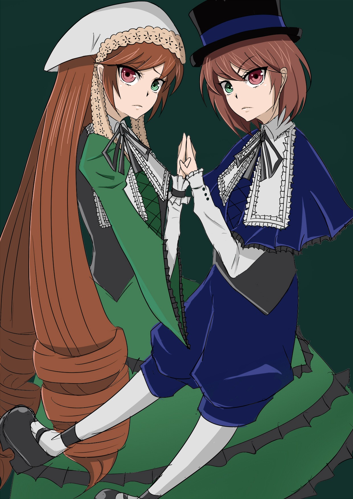 2girls blue_dress brown_hair dress frills green_dress green_eyes hat heterochromia holding_hands image long_hair long_sleeves looking_at_viewer multiple_girls pair pantyhose red_eyes shoes short_hair siblings sisters souseiseki standing suiseiseki top_hat twins very_long_hair white_legwear