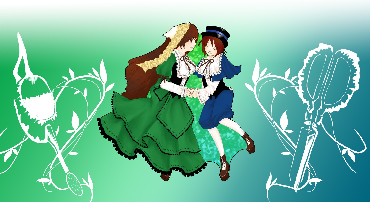 brown_hair dress green_dress hat holding_hands image long_hair long_sleeves multiple_girls pair short_hair siblings souseiseki suiseiseki