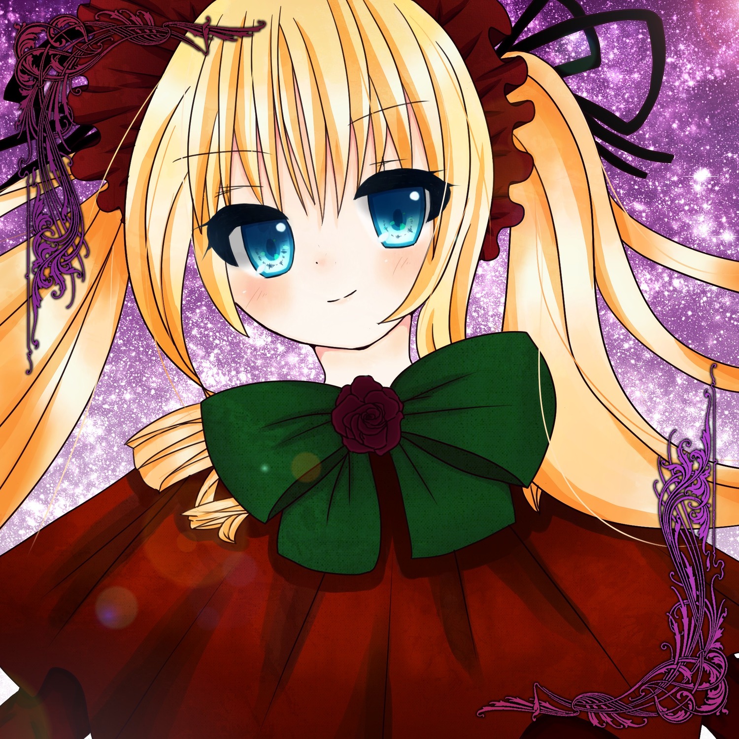 1girl blonde_hair blue_eyes blush bow bowtie dress flower green_bow hair_ribbon image long_hair looking_at_viewer red_flower red_rose ribbon rose shinku smile solo twintails