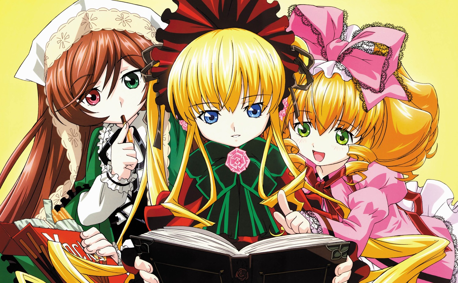 3girls blonde_hair blue_eyes bonnet book bow brown_hair dress drill_hair frills green_eyes hair_bow hat heterochromia image index_finger_raised long_hair long_sleeves looking_at_viewer multiple multiple_girls open_book open_mouth pink_bow red_eyes shinku simple_background suiseiseki tagme twin_drills twintails very_long_hair yellow_background