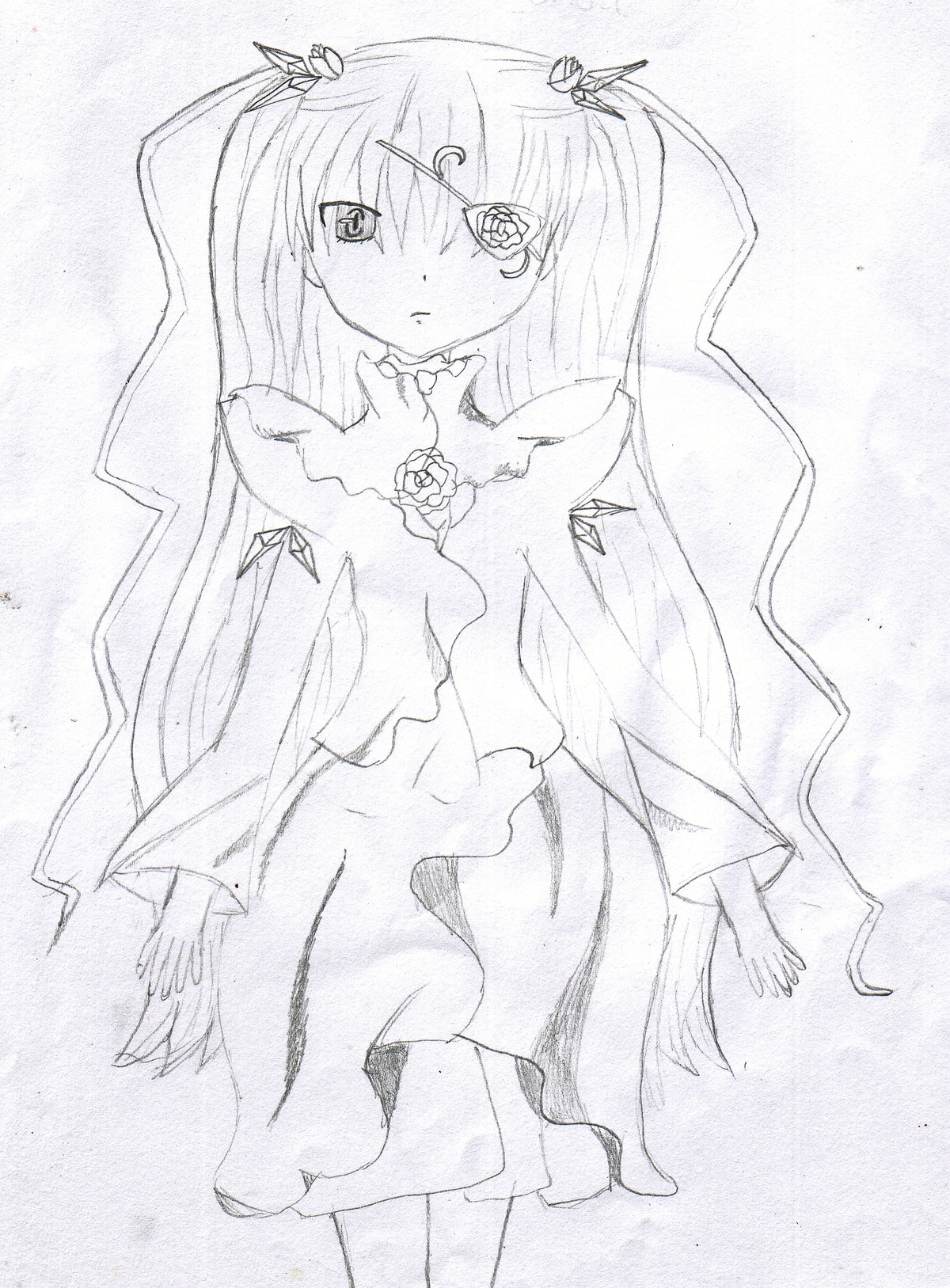 1girl barasuishou dress expressionless flower frills hair_ornament image long_hair monochrome solo traditional_media twintails very_long_hair