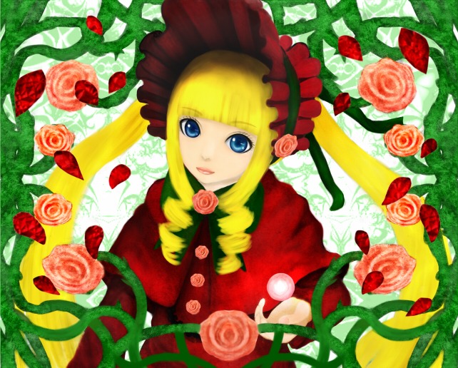1girl blonde_hair blue_eyes bonnet drill_hair flower food fruit image long_hair looking_at_viewer pink_flower pink_rose red_capelet red_flower red_rose rose shinku solo twin_drills yellow_rose