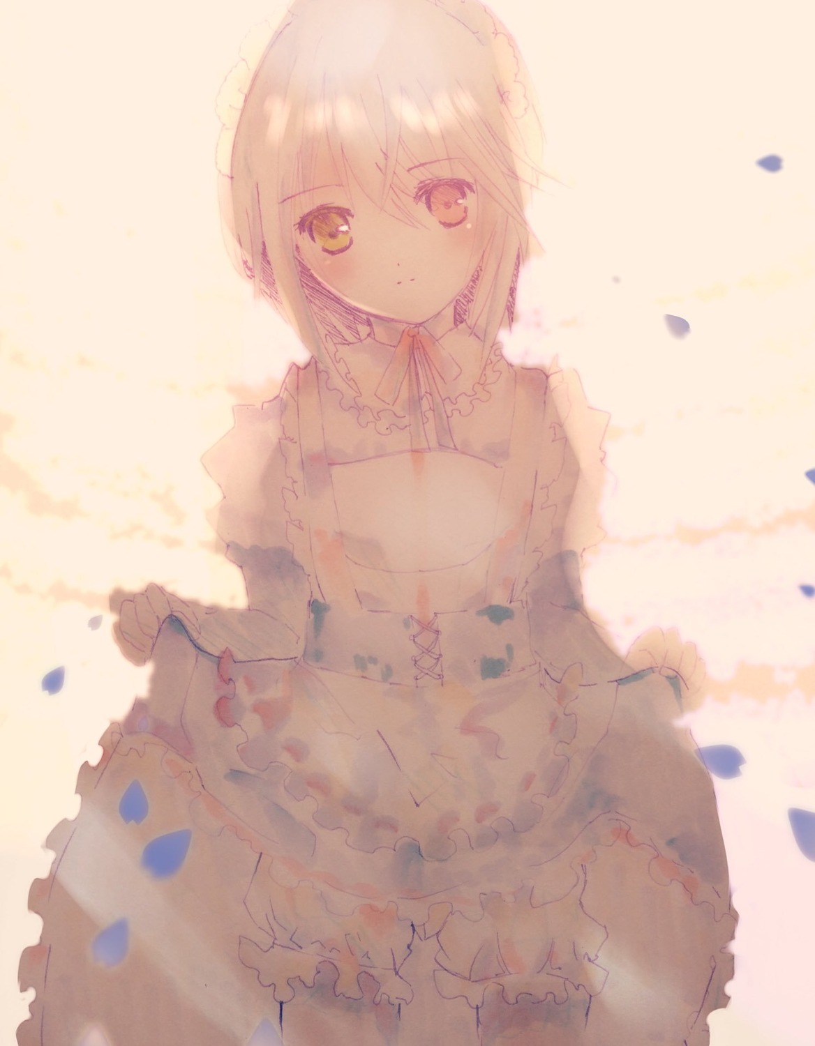 1girl apron bangs blurry blush closed_mouth confetti depth_of_field dress eyebrows_visible_through_hair frills hair_between_eyes hariruri image long_sleeves petals puffy_sleeves smile solo souseiseki standing striped white_legwear