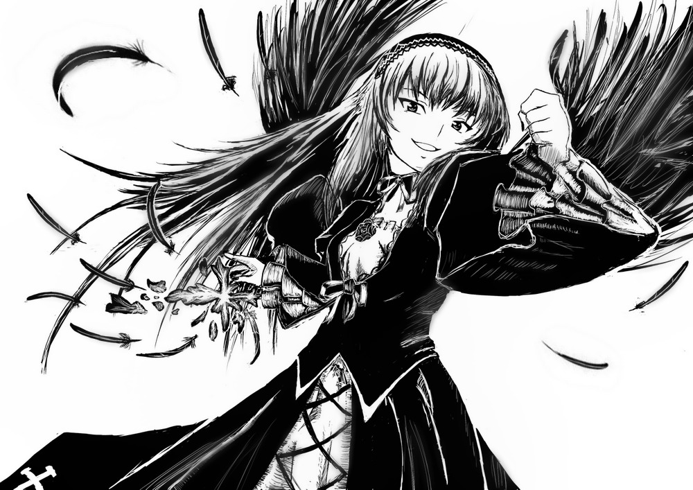 1girl breasts cleavage dress feathered_wings feathers greyscale hairband image long_hair long_sleeves looking_at_viewer monochrome smile solo suigintou wings