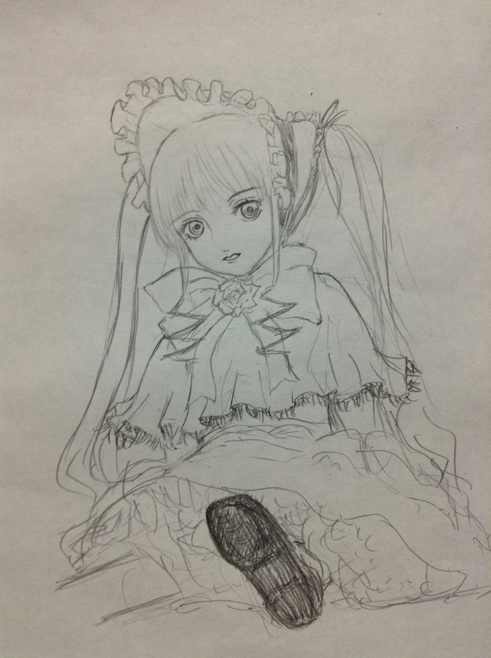 1girl dress frills image long_hair long_sleeves looking_at_viewer monochrome photo shinku simple_background sketch solo traditional_media twintails very_long_hair