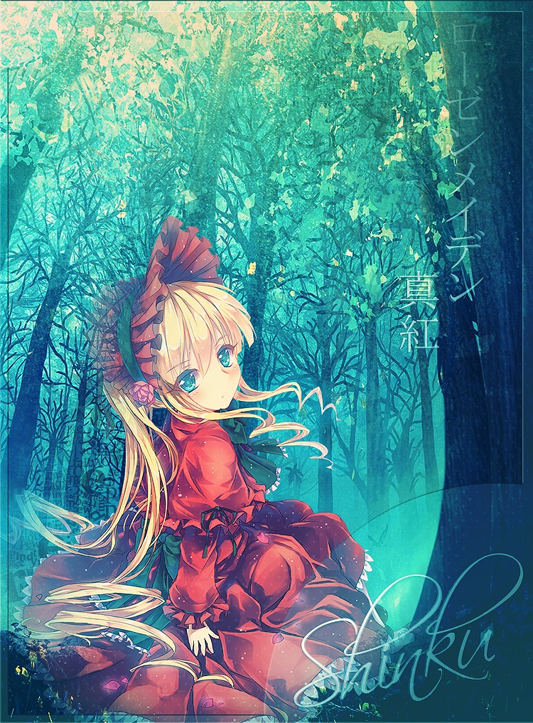 1girl blonde_hair blue_eyes bonnet bow capelet dress flower image long_hair long_sleeves looking_at_viewer looking_back nature red_dress rose shinku solo very_long_hair