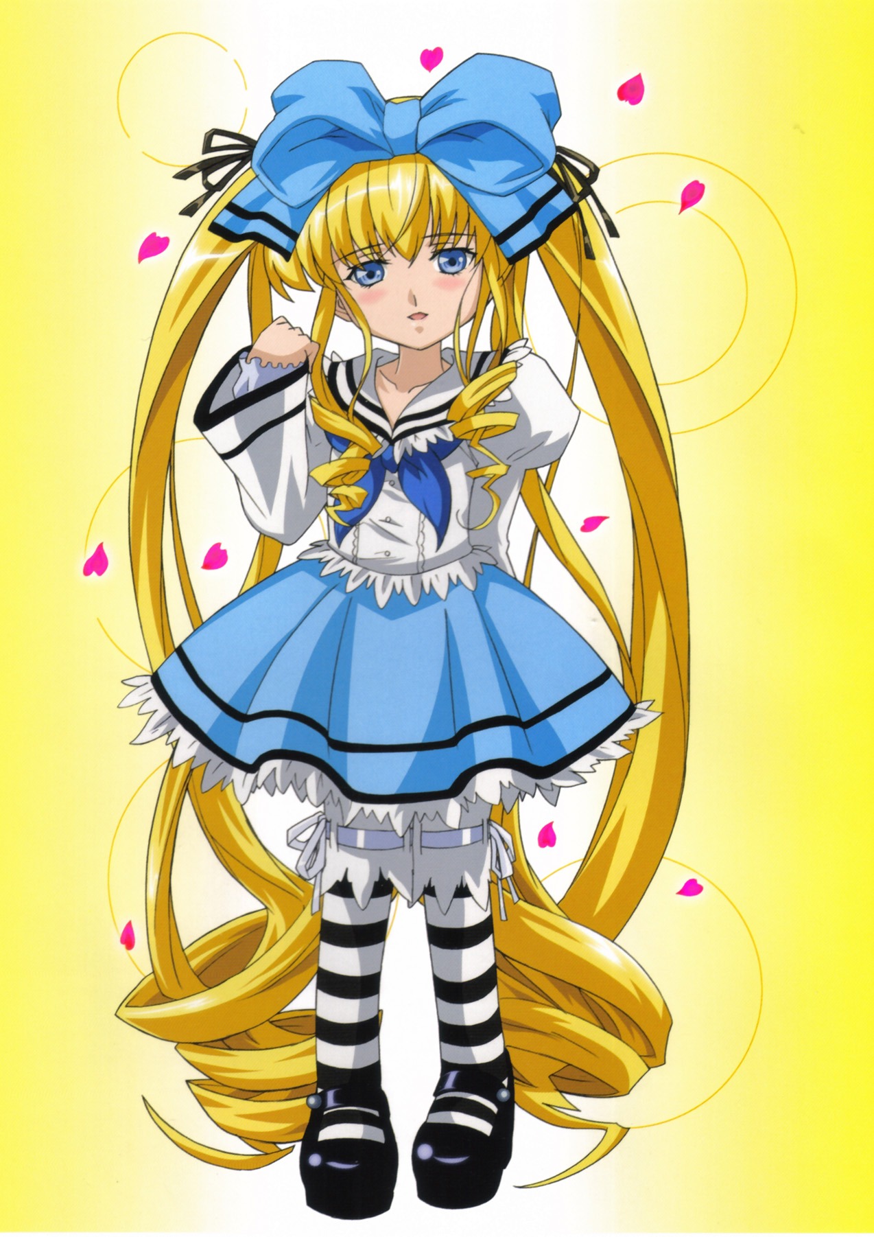 1girl blonde_hair blue_eyes blush bow dress drill_hair frills full_body hair_bow heart image long_hair mary_janes pantyhose petals shinku shoes solo striped striped_legwear twintails very_long_hair yellow_background