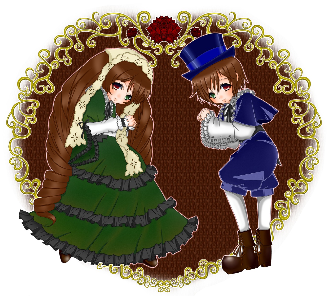 blue_dress brown_hair dress frills full_body green_dress green_eyes hat heterochromia image long_hair long_sleeves looking_at_viewer multiple_girls pair pantyhose red_eyes short_hair siblings sisters souseiseki suiseiseki twins very_long_hair