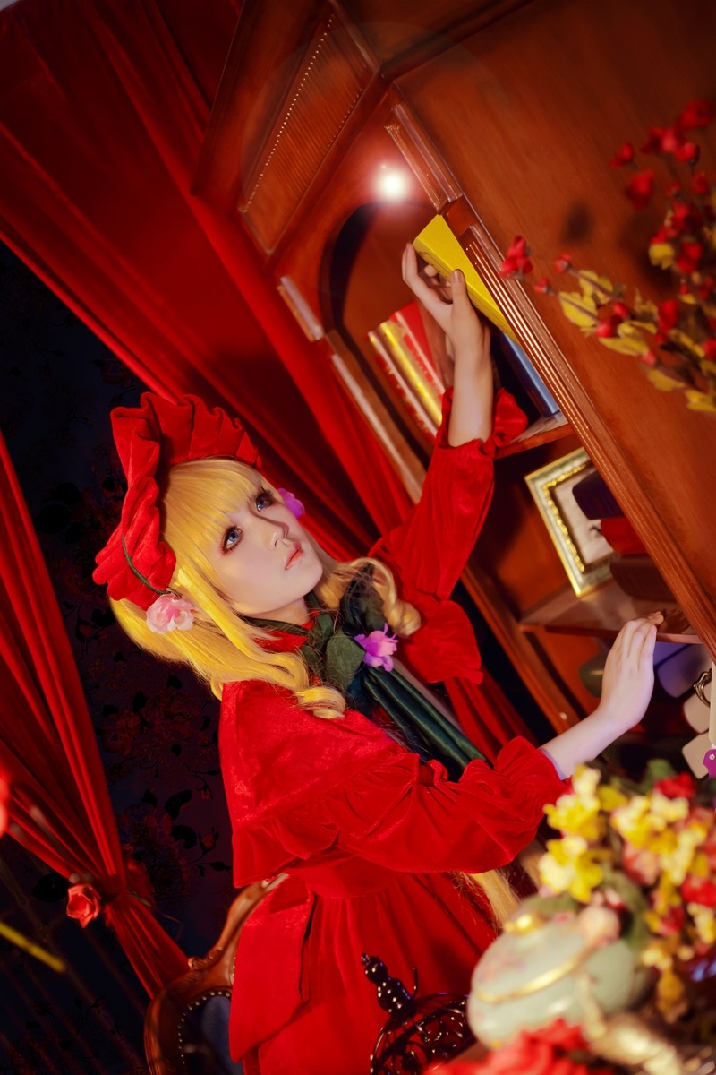 1girl blonde_hair blue_eyes blurry curtains depth_of_field dress flower lips long_hair red_dress shinku sitting solo