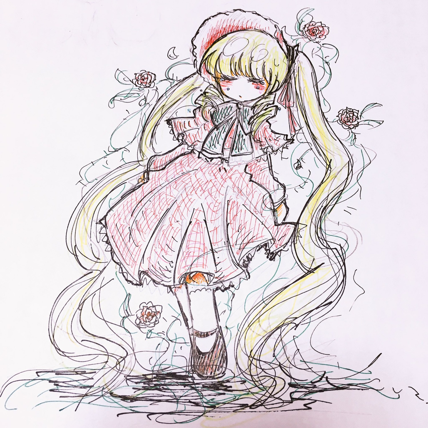 1girl blonde_hair blush dress flower full_body hat image long_hair long_sleeves looking_at_viewer one_eye_closed red_eyes rose shinku solo standing twintails very_long_hair