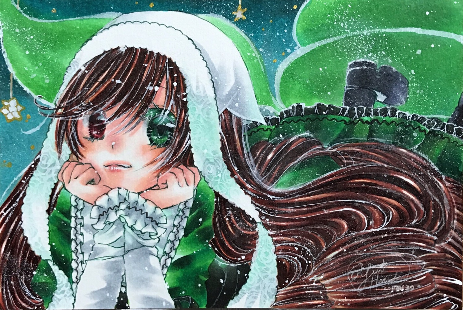 1girl brown_hair dress green_eyes hat heterochromia image long_hair long_sleeves red_eyes solo suiseiseki