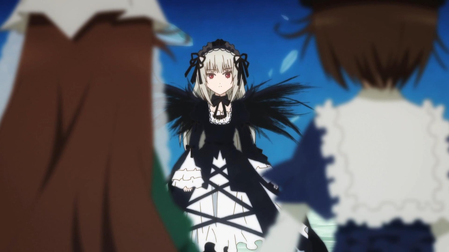 1boy black_dress black_wings blurry blurry_background blurry_foreground brown_hair depth_of_field dress frills gothic_lolita hairband image lolita_fashion lolita_hairband long_sleeves motion_blur multiple multiple_girls red_eyes silver_hair solo_focus standing suigintou tagme wings