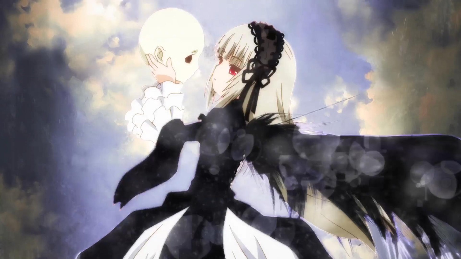 1girl bangs black_ribbon black_wings closed_mouth cloud cloudy_sky dress flower frilled_sleeves frills hairband image long_sleeves outdoors red_eyes rose silver_hair sky solo suigintou wide_sleeves wings
