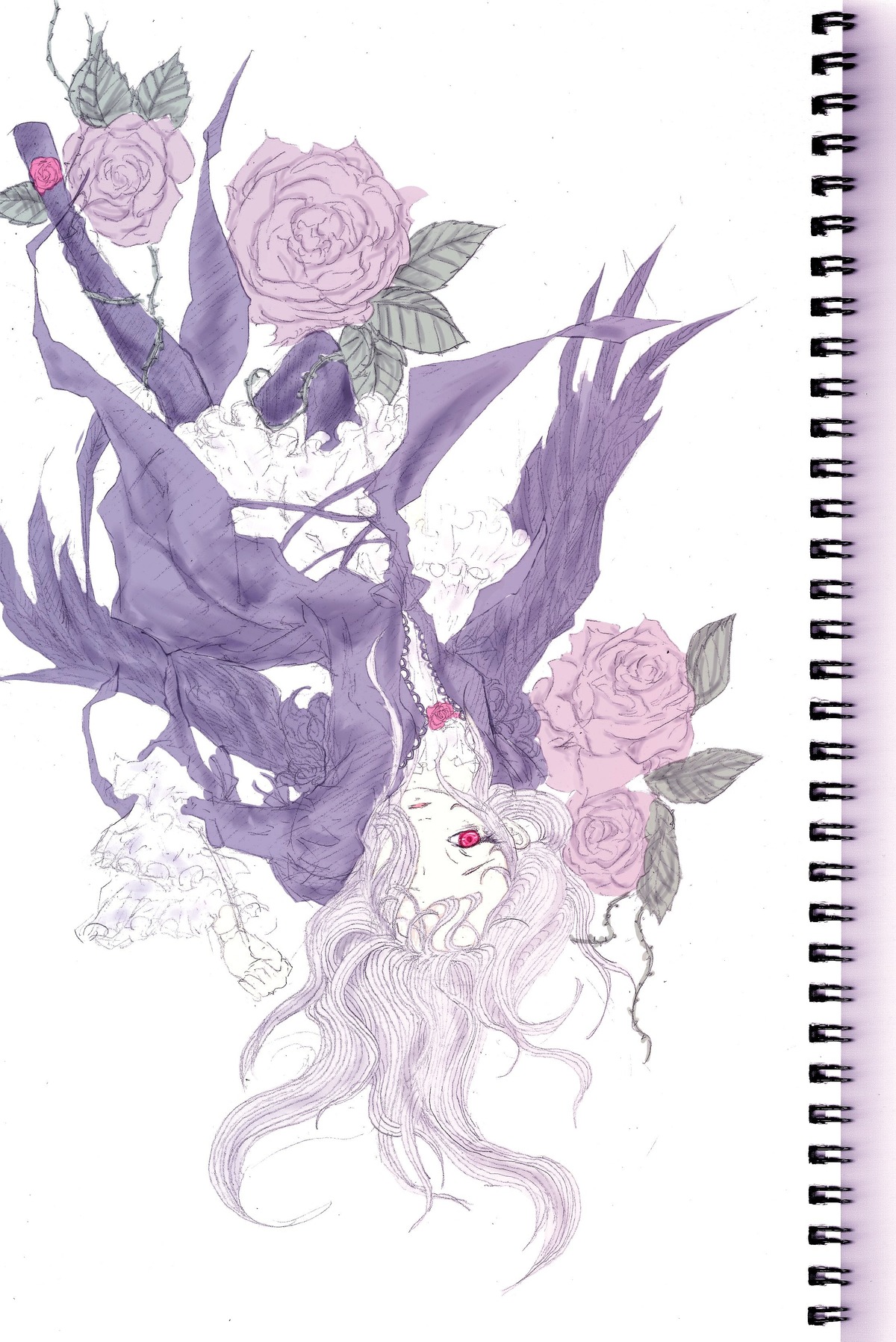 1girl dress flower image long_hair pink_rose purple_flower purple_rose red_eyes red_flower red_rose rose solo striped suigintou thorns traditional_media wings