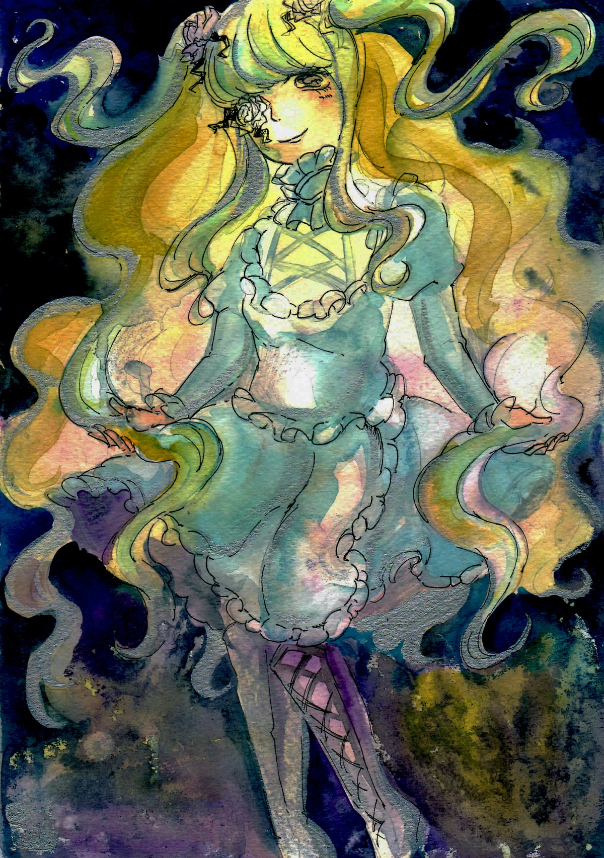 1girl blonde_hair bow dress frills hair_ornament image kirakishou long_hair long_sleeves multicolored_hair solo traditional_media watercolor_(medium) wavy_hair