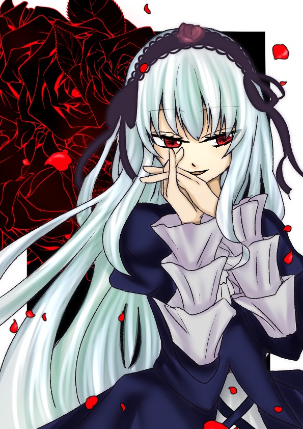 1girl dress flower frills hairband image juliet_sleeves long_hair long_sleeves looking_at_viewer own_hands_together petals red_eyes red_flower rose rose_petals smile solo suigintou