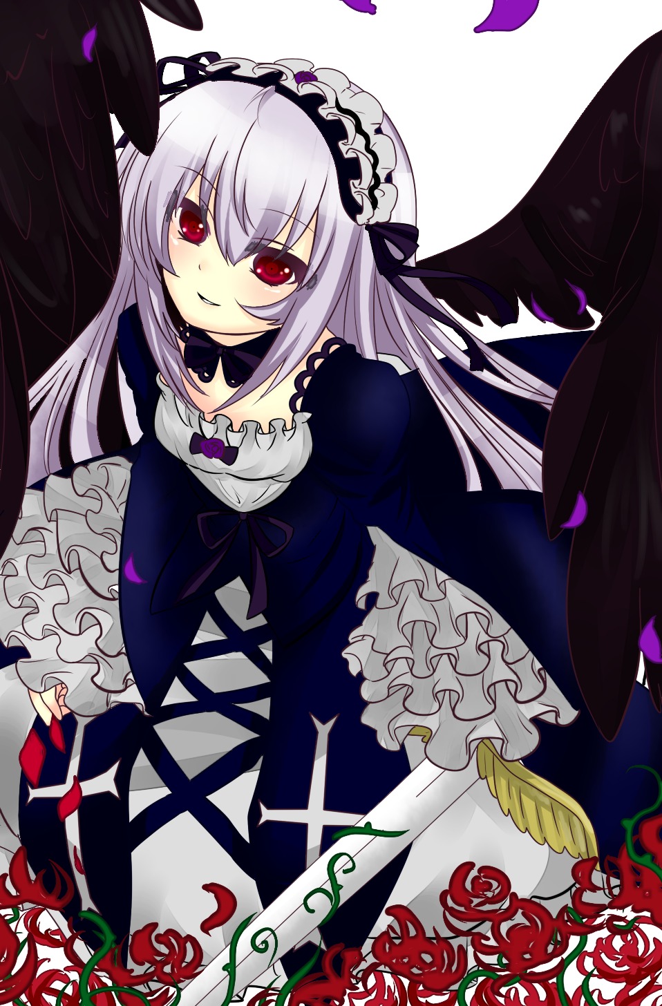 1girl black_wings detached_collar dress flower frilled_sleeves frills hairband image long_hair long_sleeves looking_at_viewer petals red_eyes red_flower red_rose rose rose_petals silver_hair smile solo suigintou wings