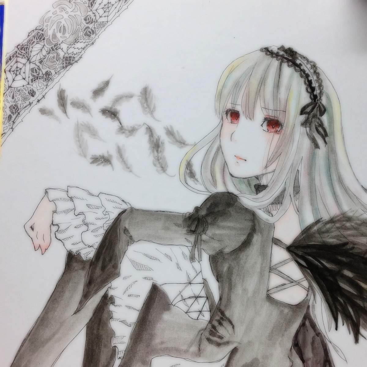 1girl closed_mouth dress feathers flower frilled_sleeves frills gothic_lolita hairband image long_hair long_sleeves looking_at_viewer red_eyes ribbon rose solo suigintou traditional_media upper_body wings