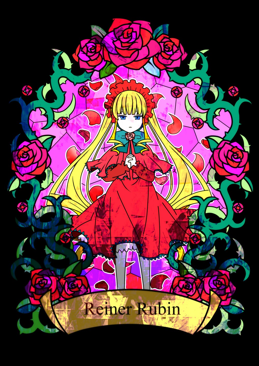 1girl blonde_hair blue_eyes bonnet bow bowtie dress flower green_bow image long_hair looking_at_viewer pink_flower pink_rose red_capelet red_dress red_flower red_rose rose shinku solo thorns twintails very_long_hair vines
