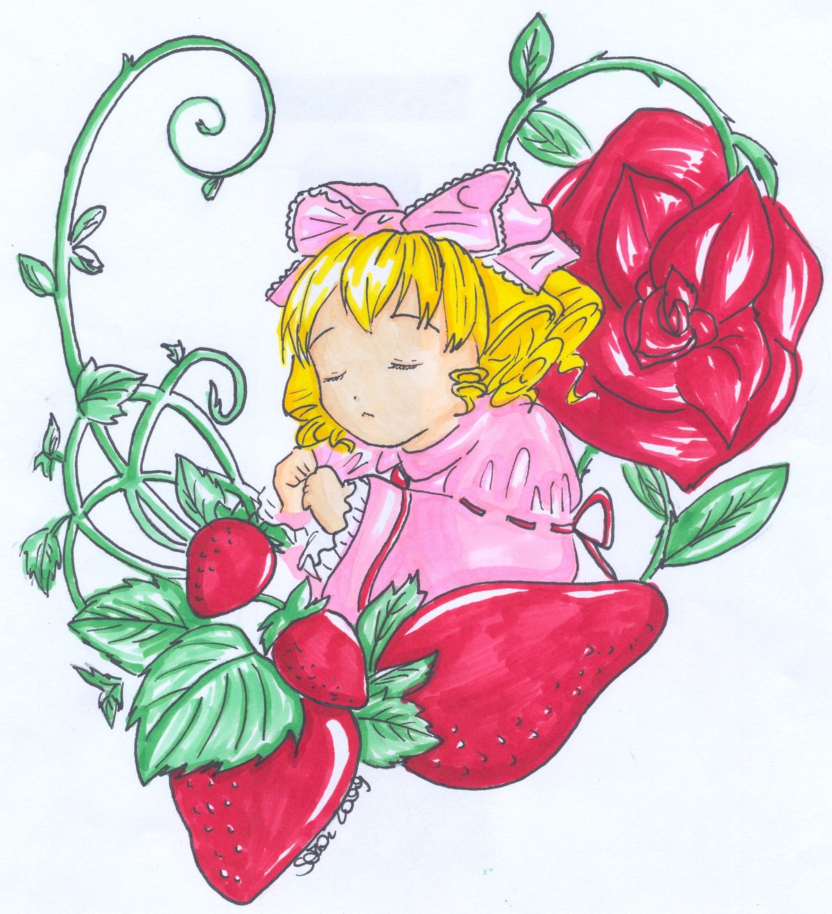 1girl blonde_hair blueberry bow closed_eyes drill_hair flower food fruit grapes hina_ichigo hinaichigo holding_fruit image leaf object_namesake pink_bow pink_shirt plant red_flower rose solo strawberry tomato watermelon