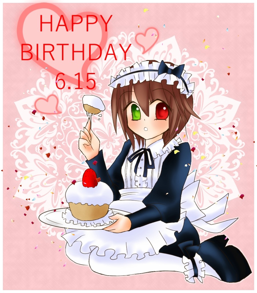 1girl blush brown_hair cake dress food frills green_eyes happy_birthday heart heterochromia image pantyhose red_eyes short_hair solo souseiseki striped striped_background white_legwear