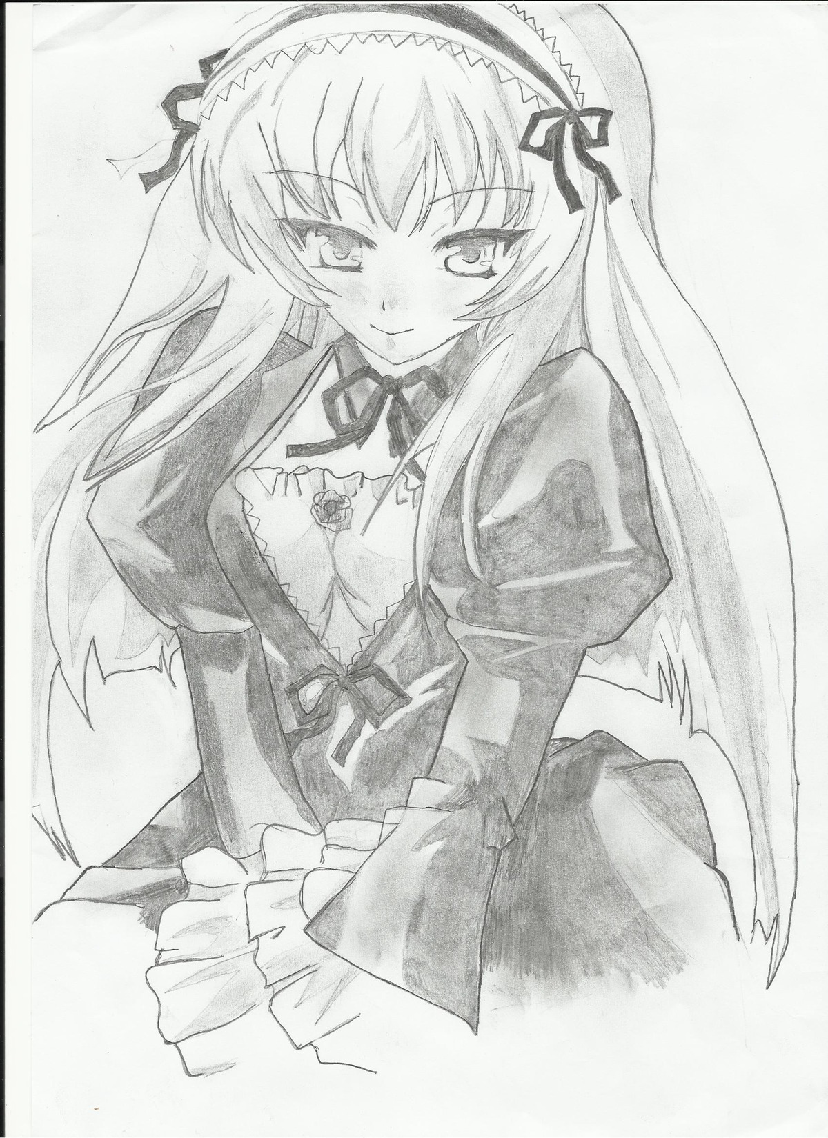 1girl breasts dress flower frills graphite_(medium) greyscale hairband image long_hair long_sleeves looking_at_viewer marker_(medium) monochrome ribbon rose shikishi simple_background smile solo suigintou traditional_media wings