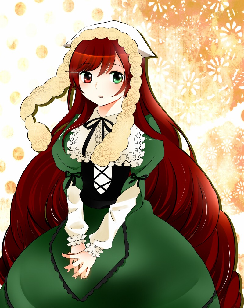 1girl blush corset dress frills green_dress green_eyes head_scarf heterochromia image lolita_fashion long_hair long_sleeves looking_at_viewer red_eyes solo suiseiseki very_long_hair