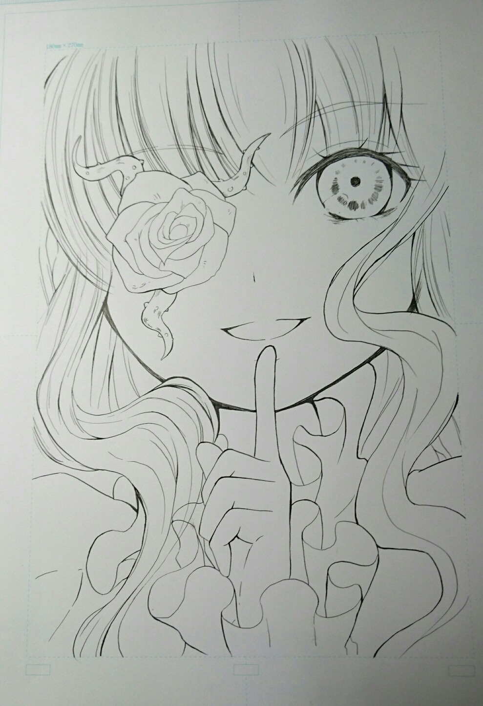 1girl bangs eyebrows_visible_through_hair flower frills greyscale image kirakishou looking_at_viewer monochrome portrait rose smile solo traditional_media wavy_hair