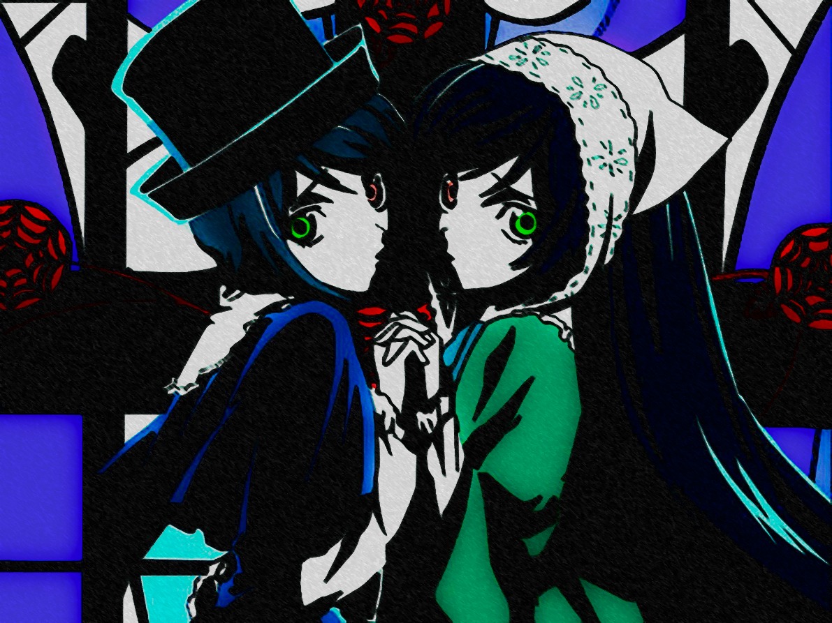 2girls black_hair green_eyes hat heterochromia holding_hands image interlocked_fingers long_hair looking_at_viewer multiple_girls pair red_eyes short_hair siblings sisters souseiseki suiseiseki