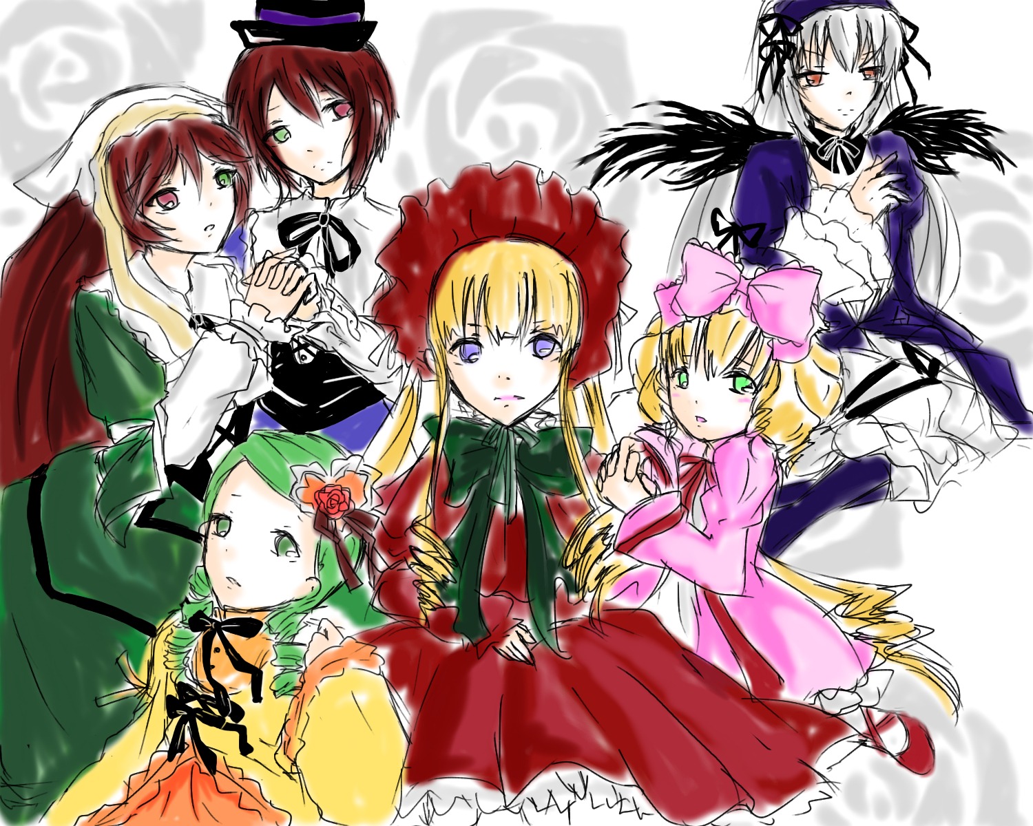 6+girls blonde_hair blue_eyes bow brown_hair dress frills green_hair green_neckwear hat head_scarf heterochromia hina_ichigo holding_hands image kanaria long_hair long_sleeves looking_at_viewer multiple multiple_girls pink_bow red_dress red_eyes shinku short_hair siblings sisters souseiseki suigintou suiseiseki tagme twins very_long_hair wings